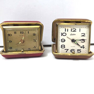 Lot Of Two Vintage Travel Alarm Clocks Linden + Sloan Clamshell Working